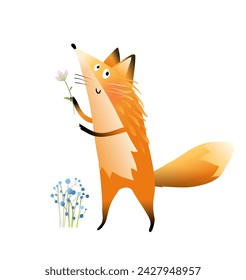 Cute and funny forest animal character design. Cute fox holding flowers excited and funny, forest animal hand drawn design for kids. Vector clip art illustration in watercolor style for children.