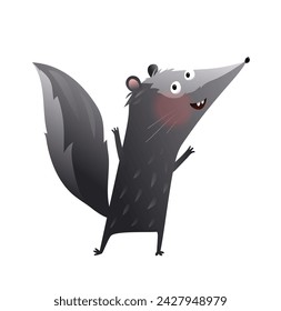 Cute funny forest animal character design. Baby cheeky skunk happy and excited, character hand drawn design for kids. Vector clip art illustration in watercolor style for children.