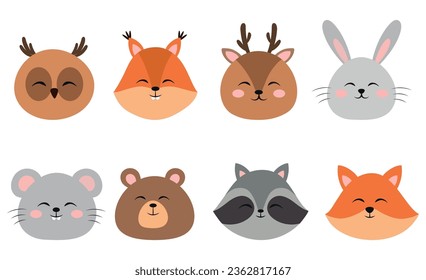 Cute funny forest animals face. Cartoon owl, squirrel, deer, rabbit, mouse, bear, raccoon, fox. Vector illustration isolated on white background