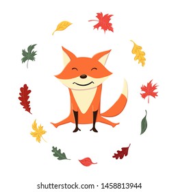 Cute and funny fox in the autumn leaves