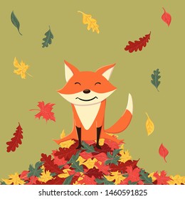 Cute and funny fox in the autumn leaves