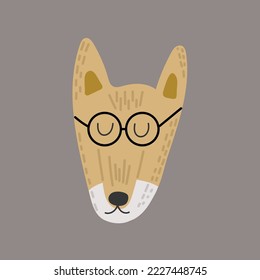 Cute funny fox face or head wearing glasses. Funny doodle animal. Fox in cartoon style. Isolated on gray background. Colorful hand drawn vector illustration.