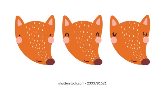 Cute funny fox faces illustrations set. Hand drawn cartoon character. Scandinavian style flat design, isolated vector. Kids print element, poster, card, wildlife, nature, baby animals