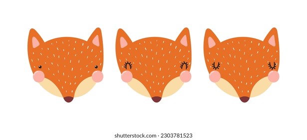 Cute funny fox faces illustrations set. Hand drawn cartoon character. Scandinavian style flat design, isolated vector. Kids print element, poster, card, wildlife, nature, baby animals