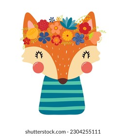 Cute funny fox in floral wreath, t-shirt. Hand drawn cartoon character illustration. Scandinavian style flat design, isolated vector. Kids print element, flower crown, summer blooms, blossoms