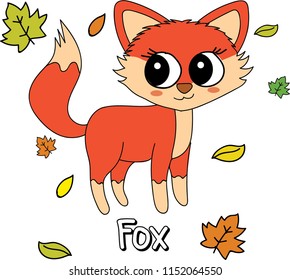 Cute, funny fox has big eyes with sketch of leafs illustration. emoji, cartoon character, sketch vector