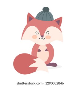 Cute funny fox in a hat. Happy creature with red fur and long tail. Element for greeting card. Isolated vector illustration in cartoon style