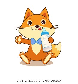 Cute Funny Fox Holding A Bottle Of Milk. Cheerful Character. Cartoon Vector. Cartoon Vector Funny Fox Memes. Funny Foxy Pics. Baby Animals. Funny Fox Shirt. Sweet Tooth.