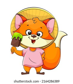 Cute funny fox holding ice cream. Cheerful foxy cartoon character. 