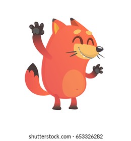 Cute funny fox mascot waving hand and get excited. Vector illustration of a fox icon isolated. Cartoon character for children books.