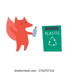 Cute funny fox putting rubbish in trash bin.Practicing garbage collection, sorting and recycling.Waste recycling concept. Flat cartoon vector illustration isolated on white background.