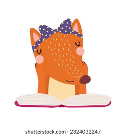 Cute funny fox reading book cartoon character illustration. Hand drawn Scandinavian style flat design, isolated vector. Kids print element, book lover, education, literature, library, bookstore