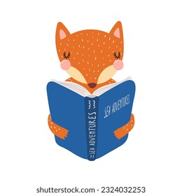 Cute funny fox reading book cartoon character illustration. Hand drawn Scandinavian style flat design, isolated vector. Kids print element, book lover, education, literature, library, bookstore