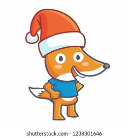 Cute and funny fox standing and wearing Santa's hat for christmas - vector.