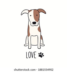 Cute funny fox terrier dog, puppy, quote Love, paw print. Hand drawn color vector illustration, isolated on white. Line art. Pet logo, icon. Design concept for trendy poster, t-shirt, fashion print.