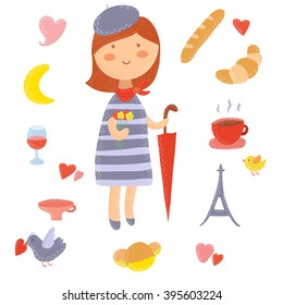 Cute and funny French cartoon girl with red umbrella. French collection