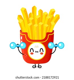 Cute funny french fries character with dumbbells. Vector hand drawn cartoon kawaii character illustration icon. Isolated on white background. Happy french fries character gym concept