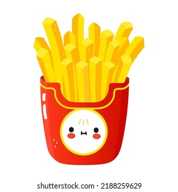 Caricatura graciosa de patatas fritas. Caricatura dibujada a mano del vector icono de ilustración del personaje kawaii. Aislado sobre fondo blanco. Concepto de personaje de papas fritas felices