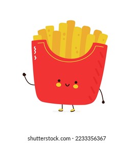 Caracter divertido de patatas fritas. Caricatura dibujada a mano del vector icono de ilustración del personaje kawaii. Aislado sobre fondo blanco. Concepto de personaje de patatas fritas