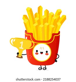 Cute y divertida papa frita sostiene una copa de trofeo de oro. Caricatura dibujada a mano del vector icono de ilustración del personaje kawaii. Aislado sobre fondo blanco. Feliz patatas fritas con copa de trofeo ganador