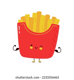 Cute funny French fries show muscle. Vector hand drawn cartoon kawaii character illustration icon. Isolated on white background. French fries fitness concept