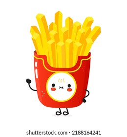 Cute funny french fries waving hand character. Vector hand drawn cartoon kawaii character illustration icon. Isolated on white background. Happy french fries character concept