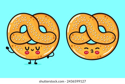 Süße lustige französische Brezel. Vektor Hand gezeichnete Cartoon Kawaii Zeichen Illustration Symbol. Isoliert auf blauem Hintergrund. Französisches Brezel-Charakter-Konzept