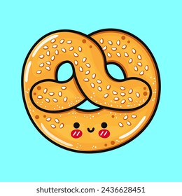 Cute funny French pretzel. Vector hand drawn cartoon kawaii character illustration icon. Isolated on blue background. French pretzel character concept