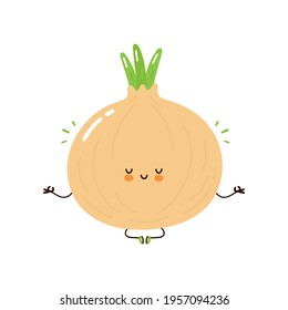 Curioso personaje de verduras de cebolla fresca. Caricatura dibujada a mano del vector icono de ilustración del personaje kawaii. Aislado sobre fondo blanco. Concepto de personaje de dibujos animados ecológicos de cebolla