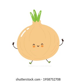 Cute funny fresh onion vegetable character. Vector hand drawn cartoon kawaii character illustration icon. Isolated on white background. Onion organic vegetable cartoon character concept