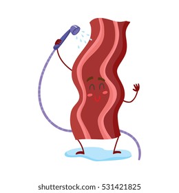 Cute and funny fried bacon strip character taking a shower, cartoon vector illustration isolated on white background. Funny roasted, fried, grilled bacon strip character, face, arms and legs