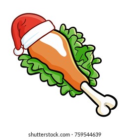 Cute and funny fried chicken wearing Santa's hat for Christmas - vector.