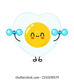 Cute funny fried egg character with dumbbells. Vector hand drawn cartoon kawaii character illustration icon. Isolated on white background. Happy fried egg character gym concept