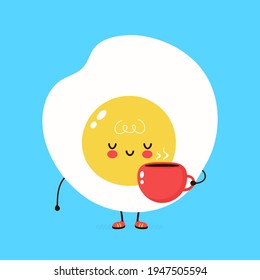 Huevo frito lindo con personaje de taza de café. Caricatura dibujada a mano del vector icono de ilustración del personaje kawaii. Concepto de personaje de huevo frito