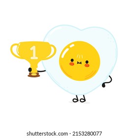 Cute funny fried egg hold gold trophy cup. Vector hand drawn cartoon kawaii character illustration icon. Isolated on white background. Happy fried egg with winner trophy cup