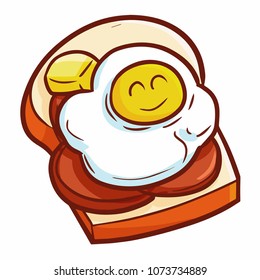 Cute and funny fried egg on meat and bread - vector.