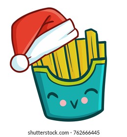 Cute and funny fried fries wearing Santa's hat for Christmas and smiling - vector.