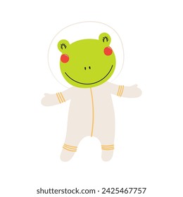 Cute funny frog astronaut in space suit cartoon character illustration. Hand drawn animal, Scandinavian style flat design, isolated vector. Kids print element, space adventure, travel, science