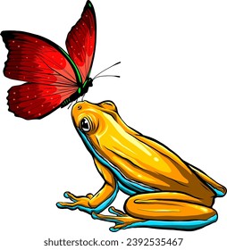 Cute funny frog with butterfly. illustration on white background