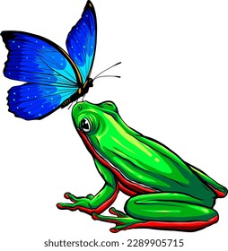 Cute funny frog with butterfly. vector illustration on white background
