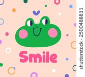 Cute funny frog, card design. Smiling animal character, square background. Creative doodle adorable comic postcard in modern trendy humor style. Childish kids flat graphic vector illustration