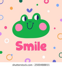 Cute funny frog, card design. Smiling animal character, square background. Creative doodle adorable comic postcard in modern trendy humor style. Childish kids flat graphic vector illustration