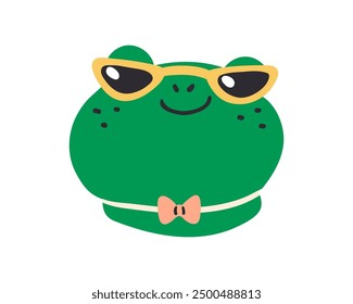 Cute funny frog characters, head portrait, face avatar. Modern cool comic animal in sunglasses and bow tie. Happy smiling funky stylish muzzle. Flat vector illustration isolated on white background