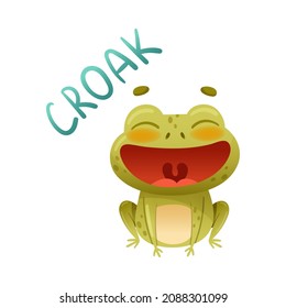 Cute funny frog croaking. Happy green toad cartoon character vector illustration