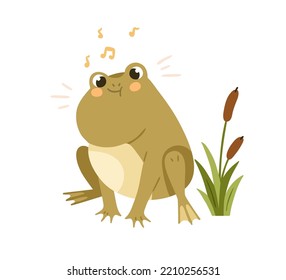 Cute funny frog croaking, singing. Amusing happy froggy, amphibian with music sounds, tune. Adorable comic kawaii toad character. Childish flat vector illustration isolated on white background