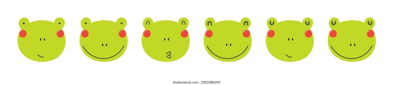 Cute funny frog faces illustrations set. Hand drawn cartoon character. Scandinavian style flat design, isolated vector. Kids print element, poster, card, wildlife, nature, baby animals