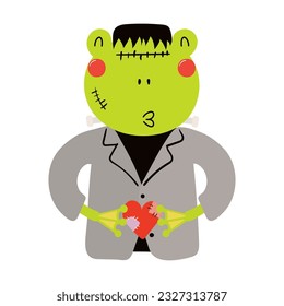 Cute funny frog in Frankenstein monster Halloween costume character illustration. Hand drawn cartoon animal, Scandinavian style flat design, isolated vector. Kids print element, trick or treat, party