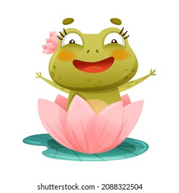 Cute funny frog. Green adorable toad character sitting on lotus flower in pond cartoon vector illustration