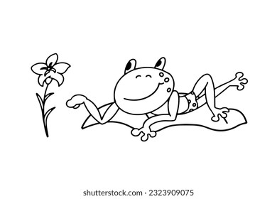 Cute funny frog lies for design. Drawing cartoon animal character for kids worksheet, book, game, poster. Vector illustration. Black outline drawing on white background.  