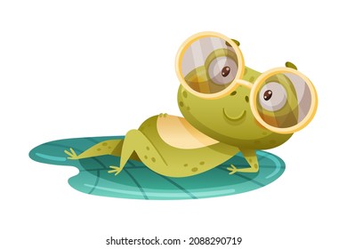 Cute funny frog lying on lotus leaf. Green adorable toad cartoon character wearing glasses relaxing in pond vector illustration